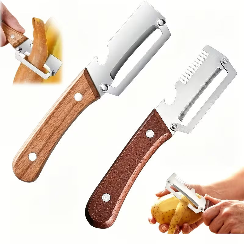 2pcs Stainless Steel Peeler And Slicer with Wooden Handle And Ideal for Sugarcane, Fruits